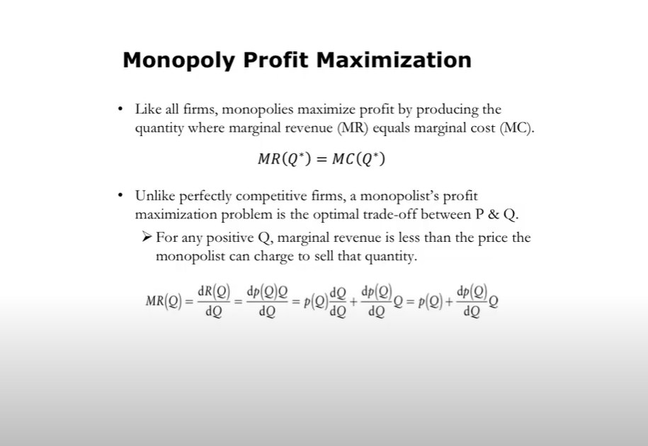 Monopoly Profit Maximization slide showing the MR=MC condition and the relationship between marginal revenue and price