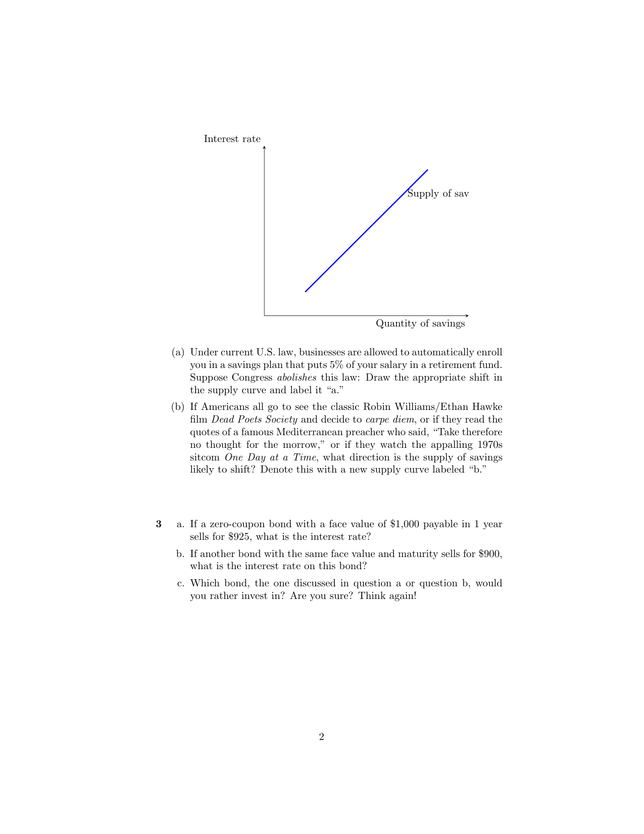 Supply of savings curve template with Interest rate on y-axis and Quantity of savings on x-axis