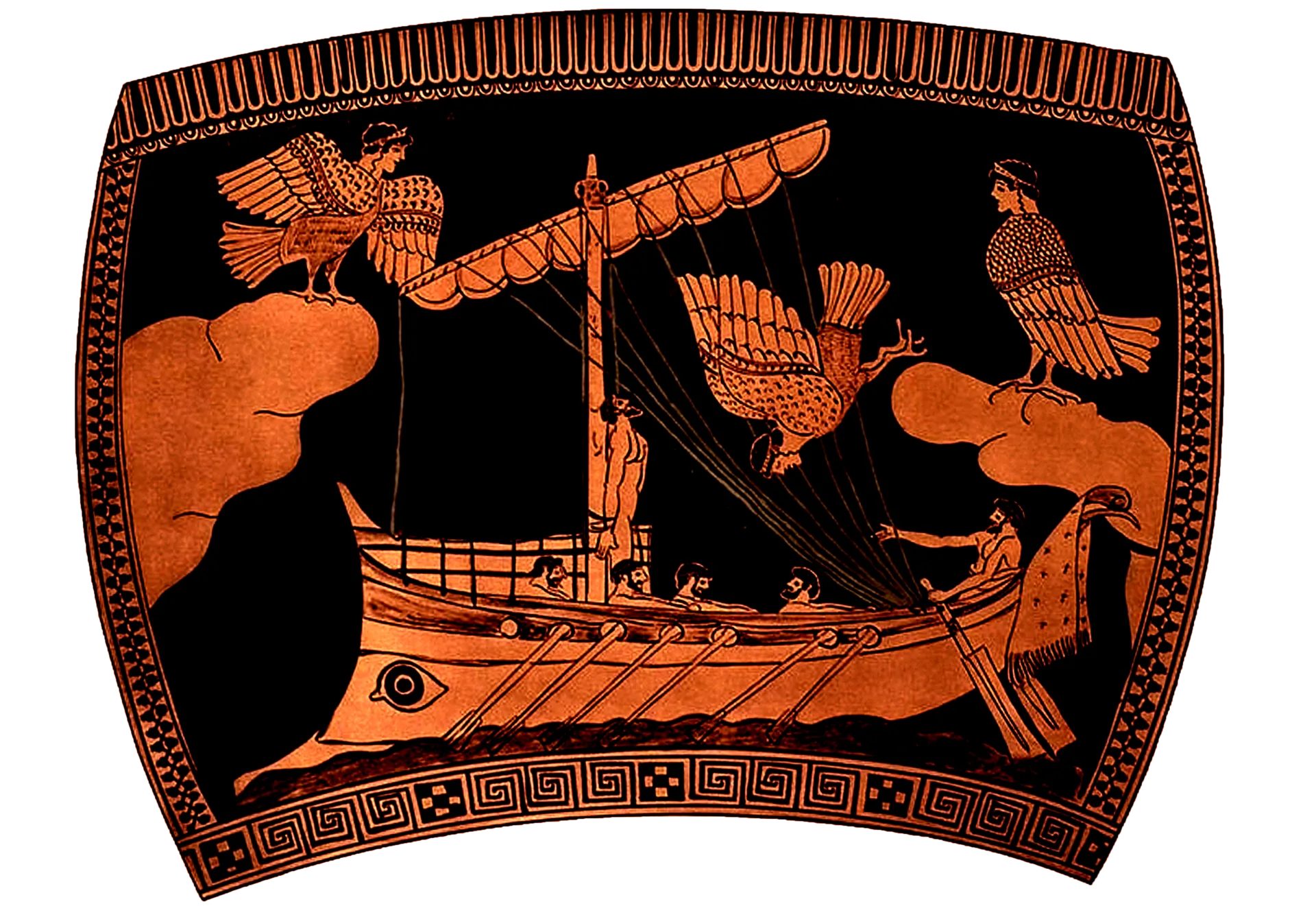 Attic red-figure vase painting: Odysseus bound to the mast as his crew rows past the Sirens. Each figure links to a part of the ECON 416 course site.